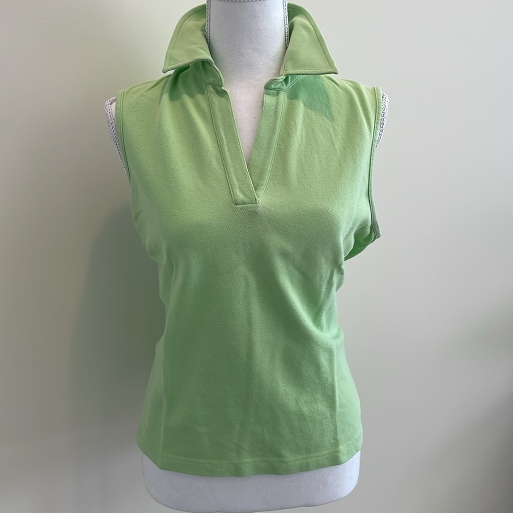 Rafaella Green Cotton Collared V Neck Pullover. Large